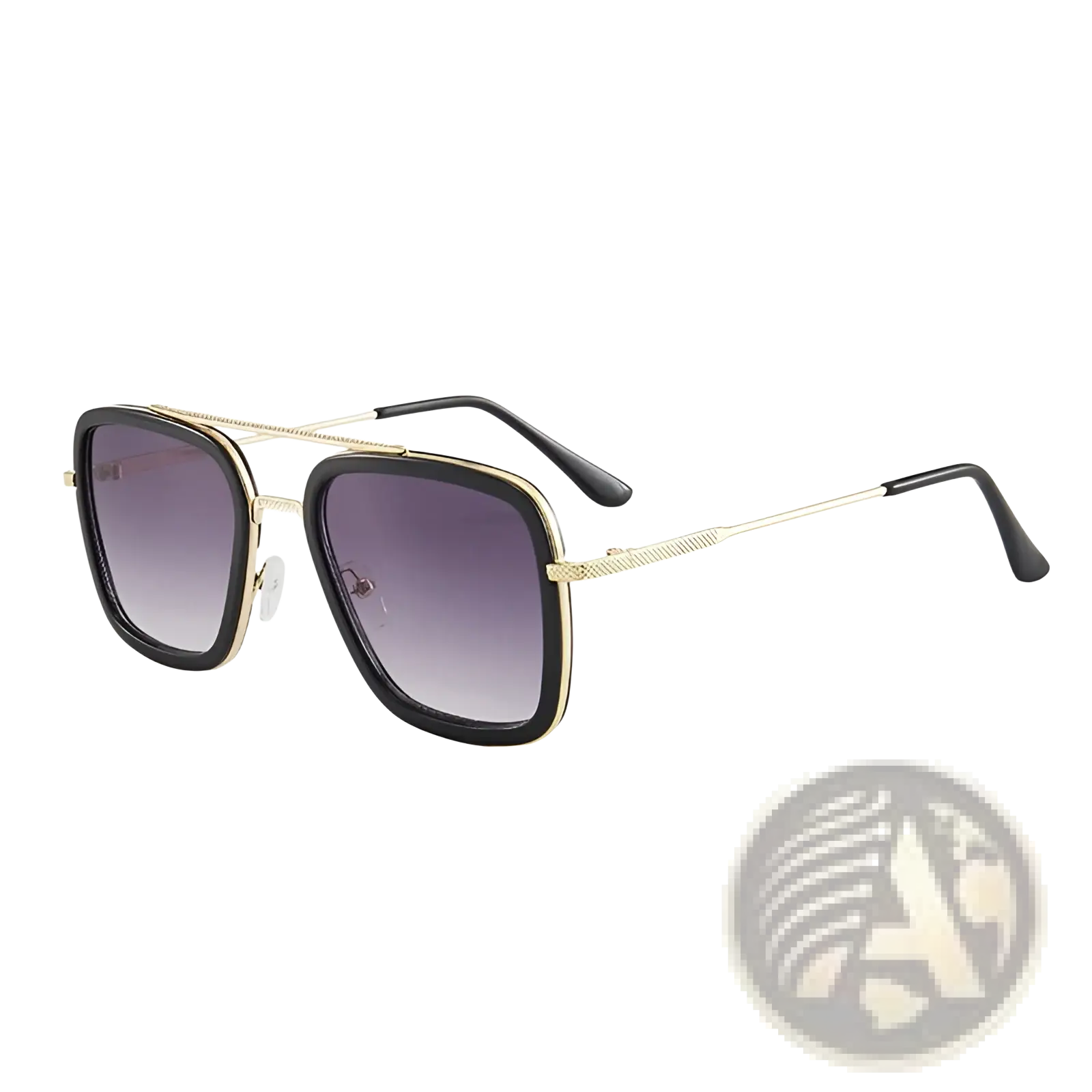 Retro square double bridge unisex fashion sunglasses with gold-toned aviator style black frames and gradient purple lenses
