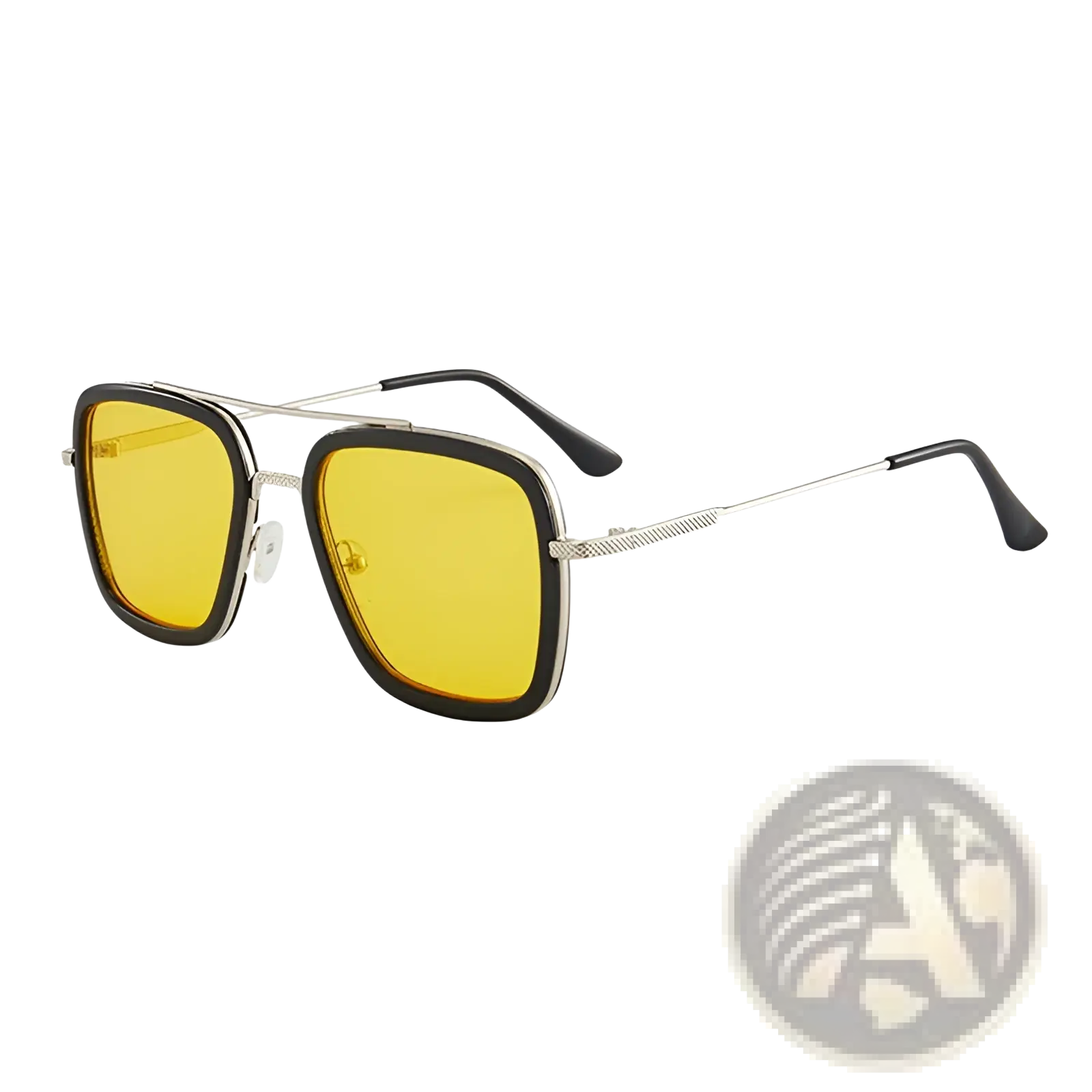 Retro square double bridge unisex fashion sunglasses with yellow lenses, silver metal frame, and black temple tips