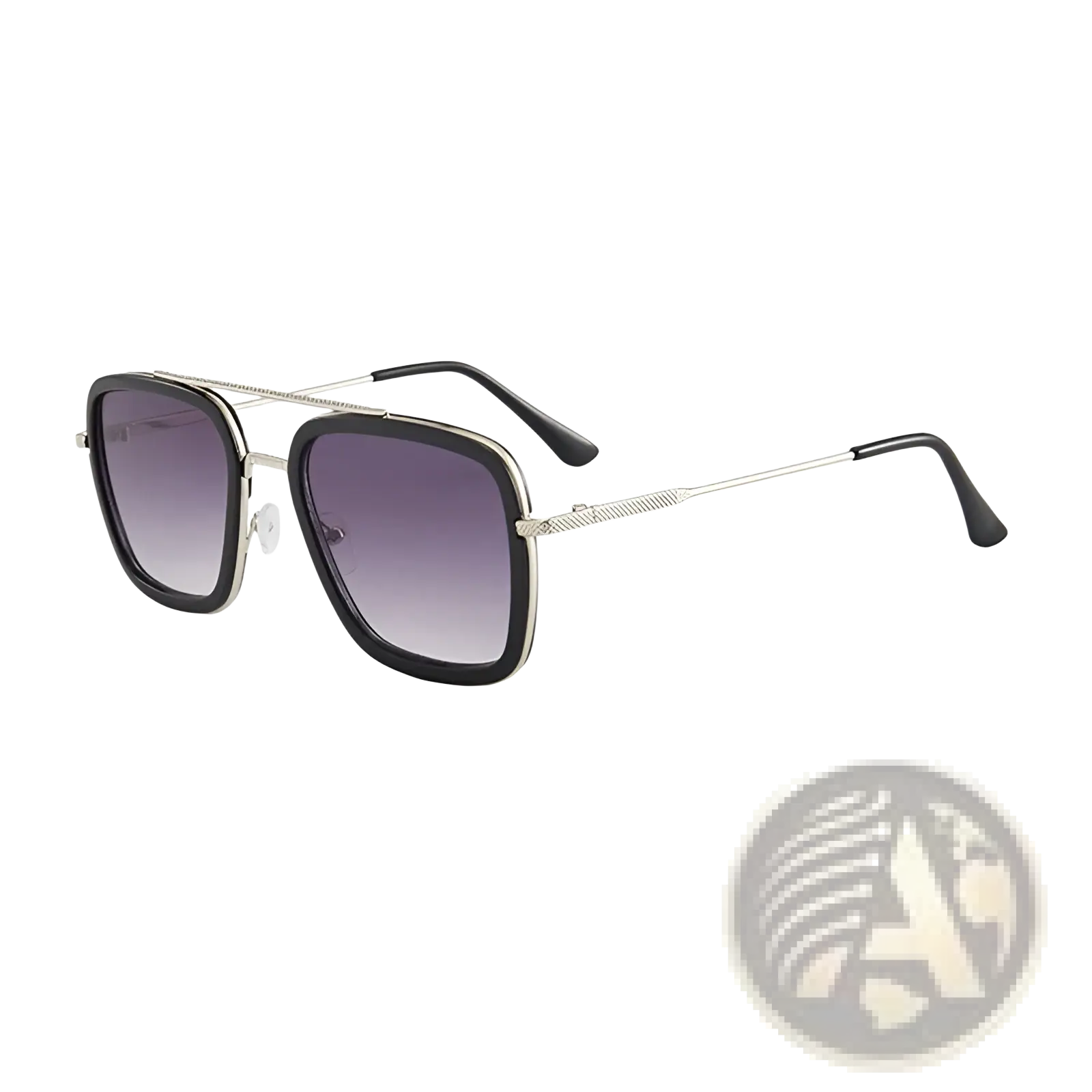 Retro square double bridge unisex fashion sunglasses with black and silver frame and gradient purple lenses