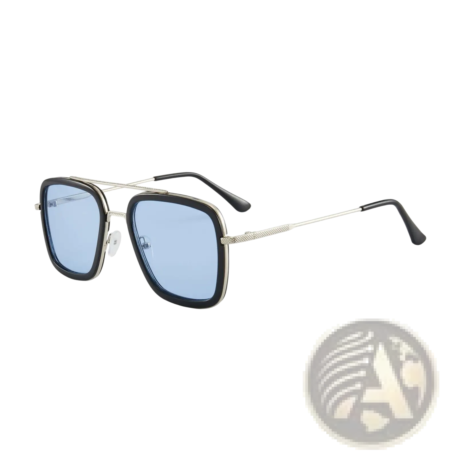 Retro square double bridge unisex fashion sunglasses with sleek black frame silver metal details and light blue tinted lenses