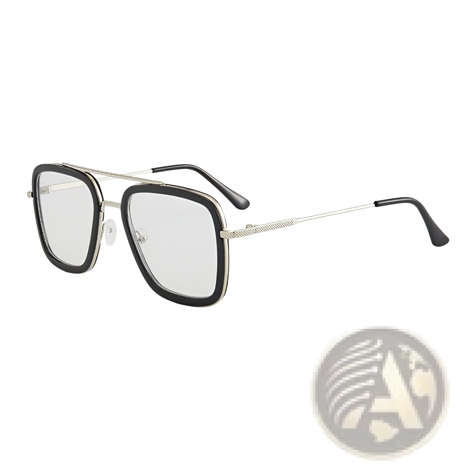 Retro square double bridge unisex fashion sunglasses in black and silver with a metal frame design