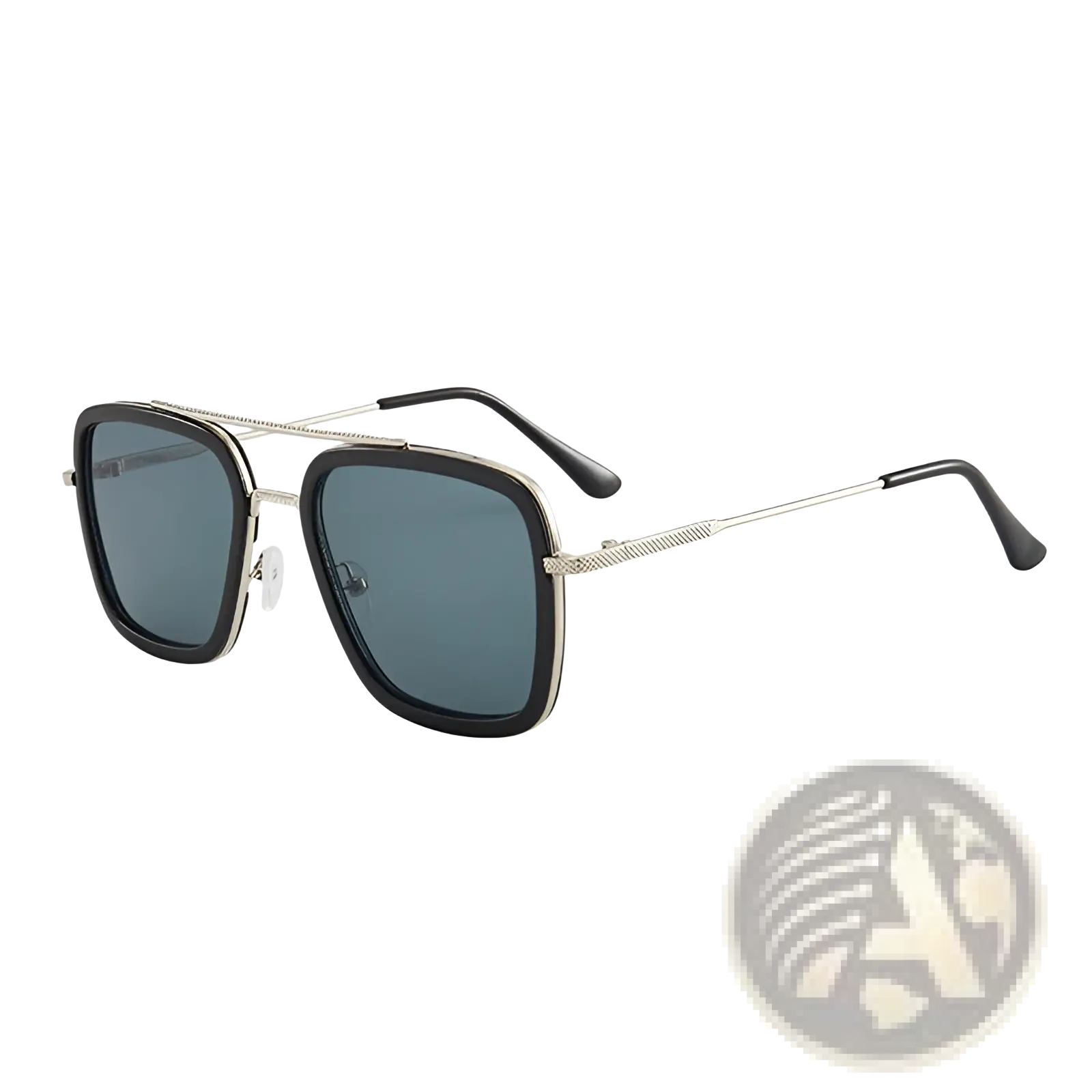Retro square double bridge unisex fashion silver aviator sunglasses with black temple tips and dark gray lenses
