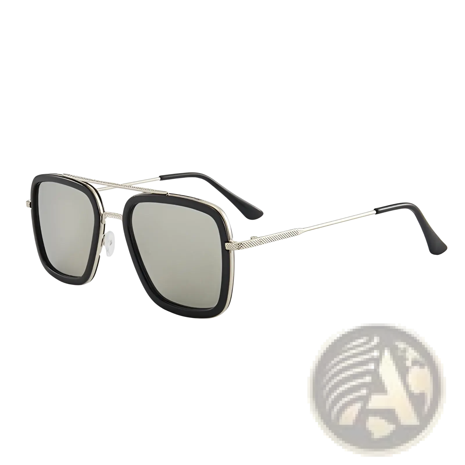 Black-framed retro square unisex sunglasses with silver mirrored lenses and a double bridge design