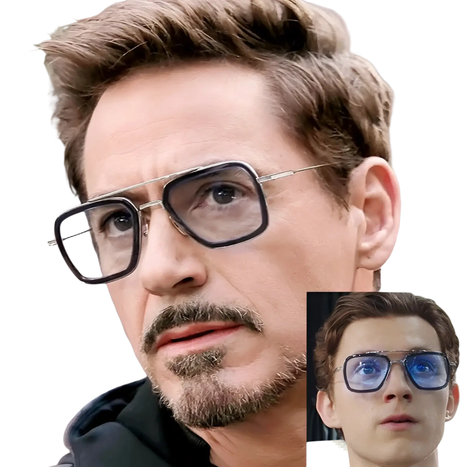Black-framed retro square double bridge unisex fashion sunglasses with metallic temples and clear lenses