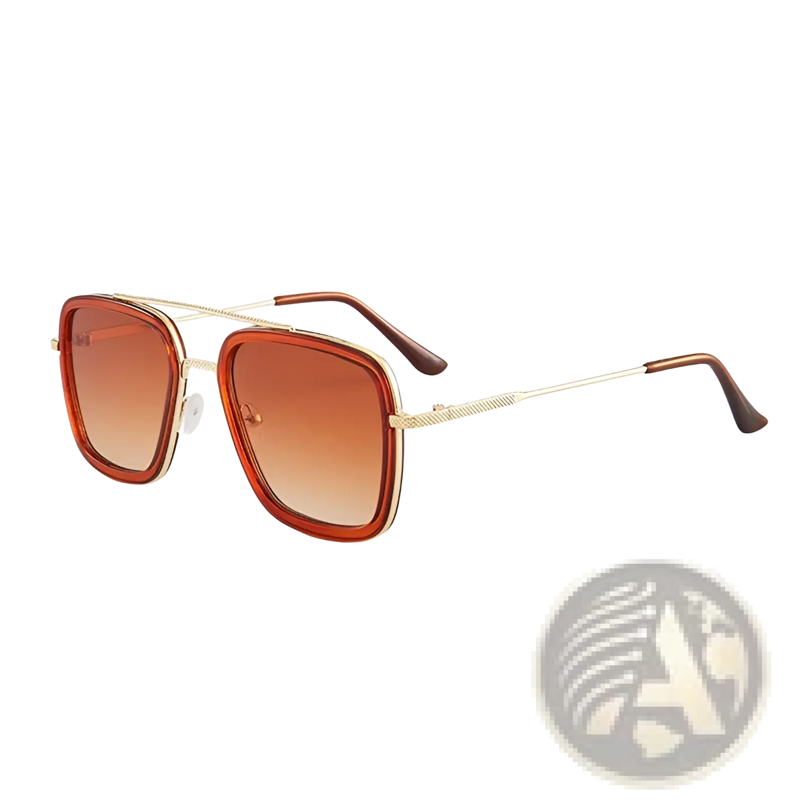 Square-shaped unisex retro fashion sunglasses with gold-tone metal frame and gradient amber lenses