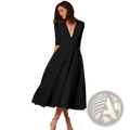 Black v-neck retro 60s swing midi dress with three-quarter sleeves flared skirt and pockets in lightweight fabric