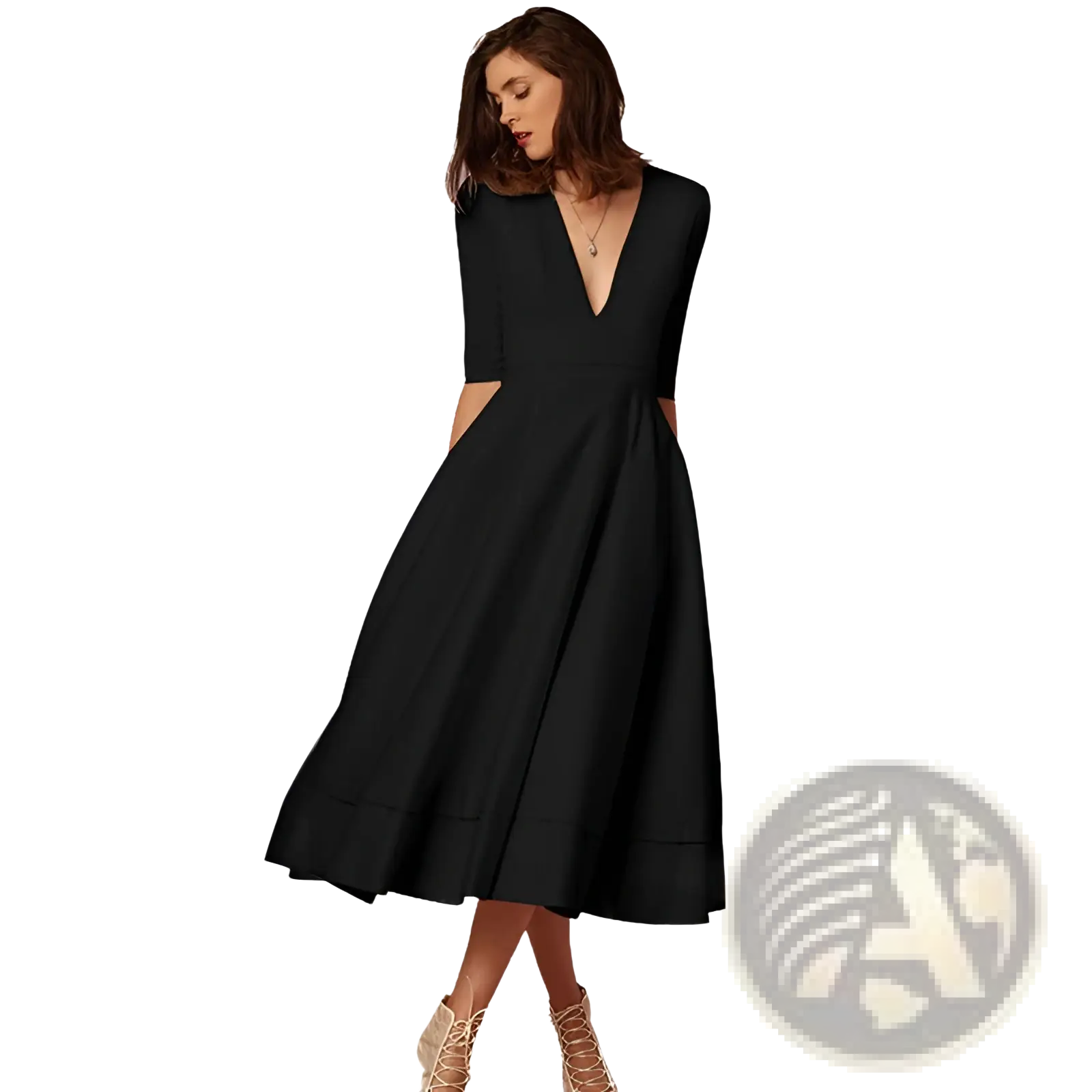 Black v-neck retro 60s swing midi dress with three-quarter sleeves flared skirt and pockets in lightweight fabric