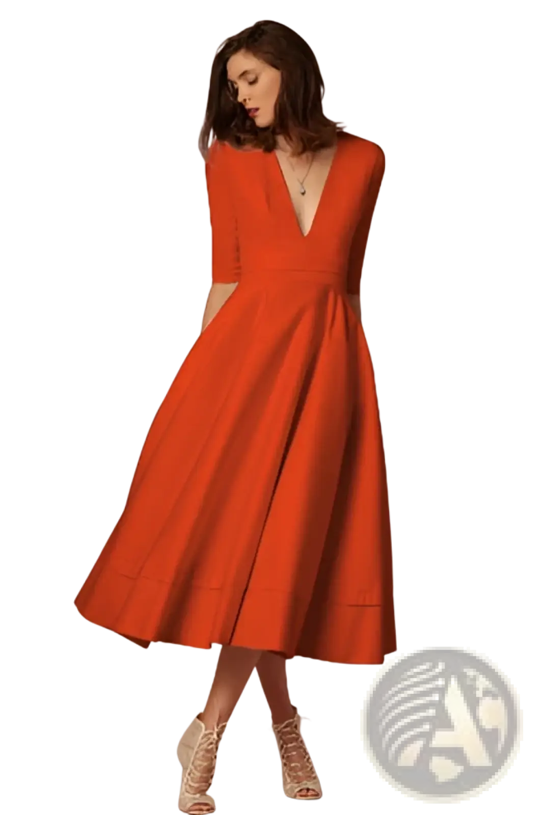 A vibrant orange retro v neck 60s swing midi dress with three-quarter sleeves, flared skirt, and subtle pleats