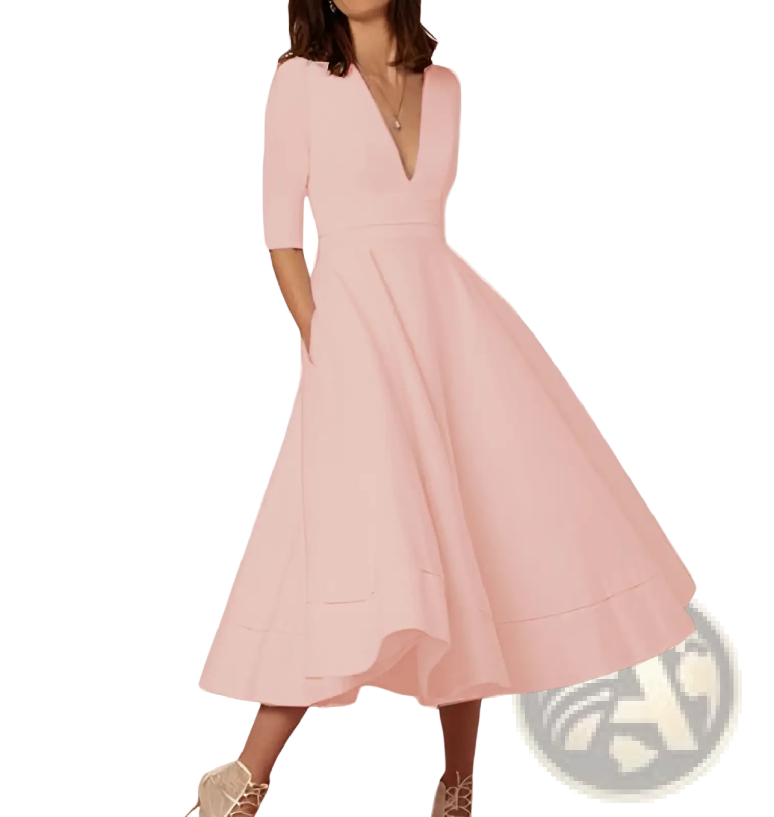A soft pink retro v neck 60s swing midi dress with three quarter sleeves knee length a line and pockets