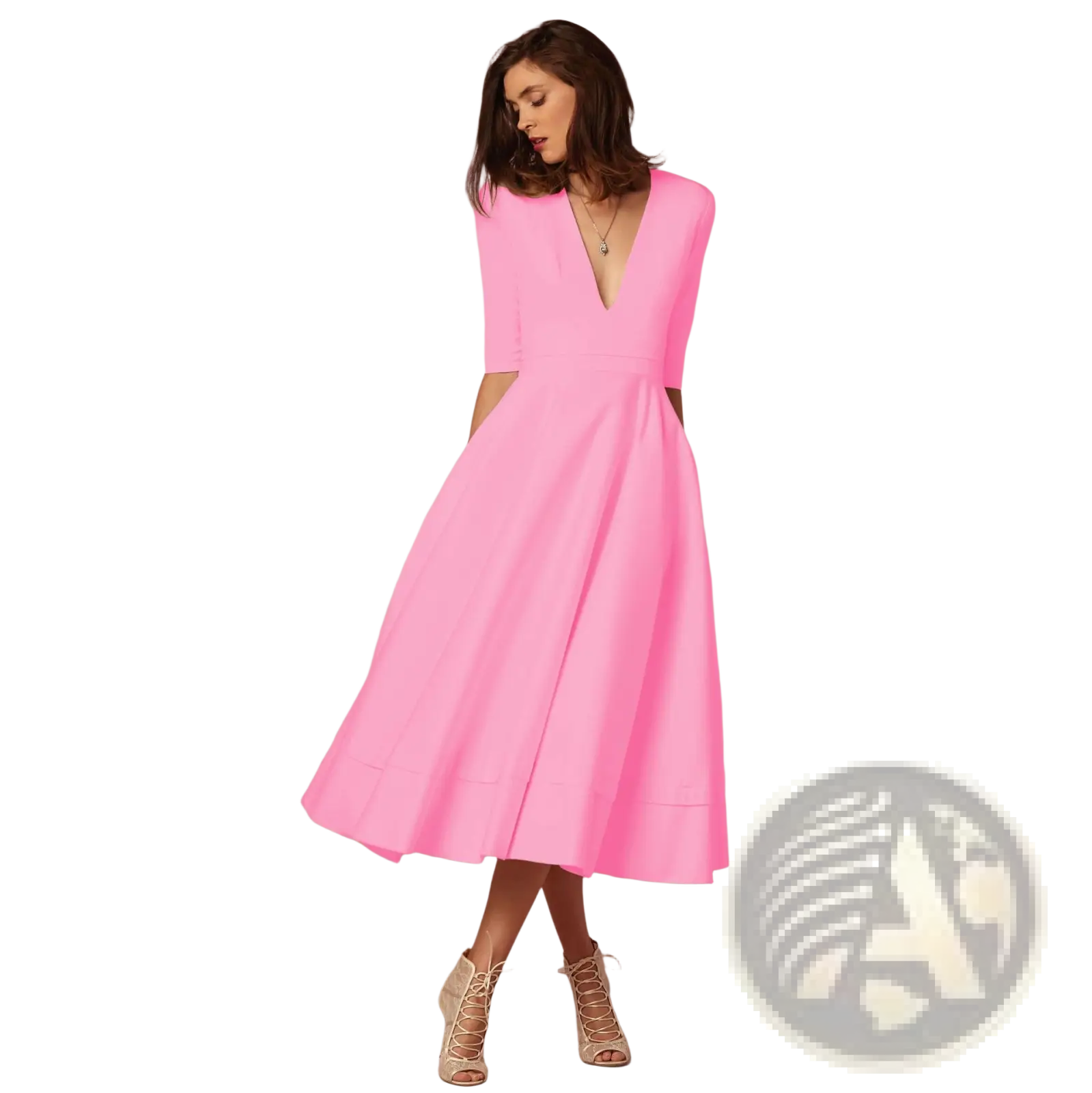 A vibrant pink retro v neck 60s swing midi dress with three-quarter sleeves flared skirt and subtle side pockets