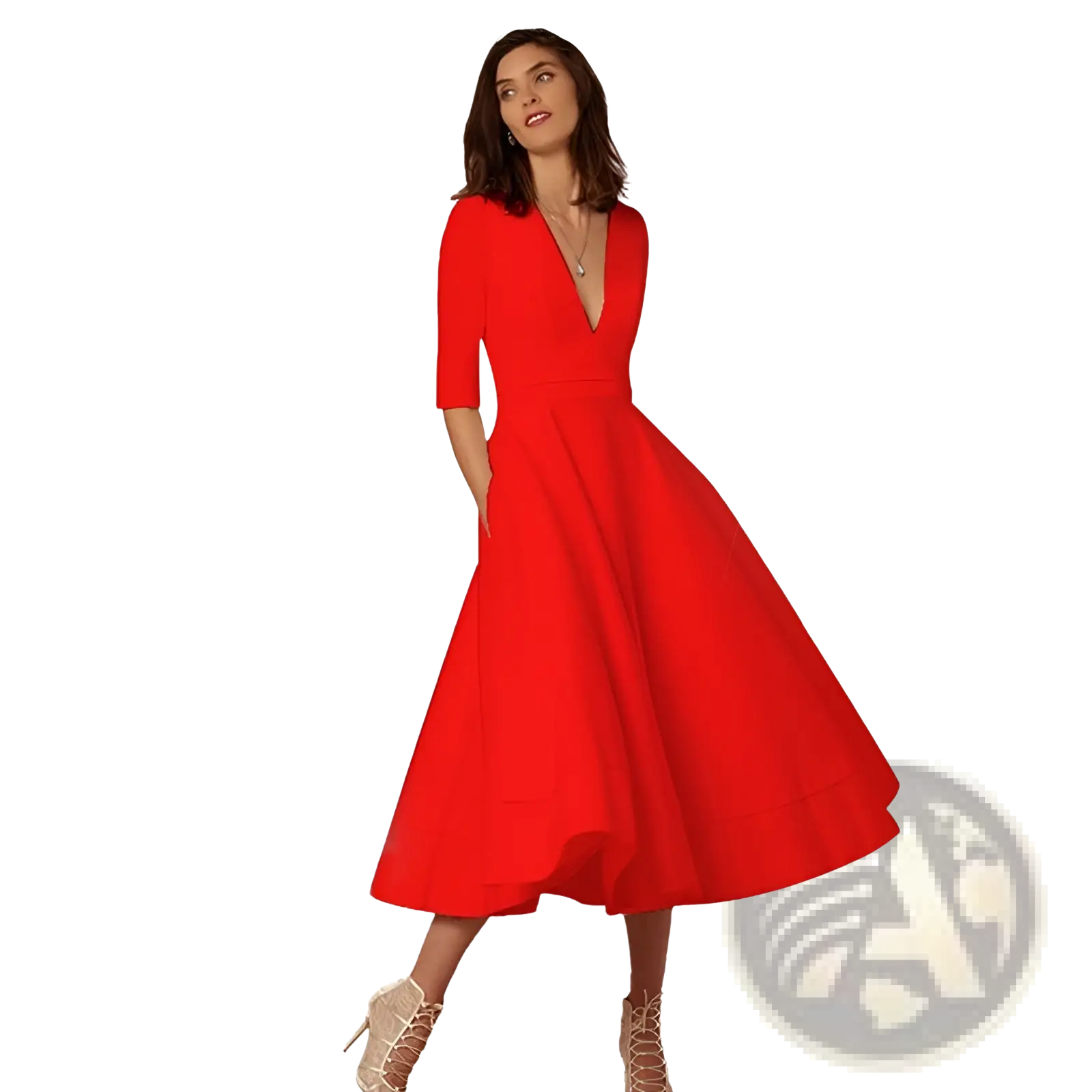 A vibrant red retro v neck 60s swing midi dress with three-quarter sleeves pockets and a flared skirt