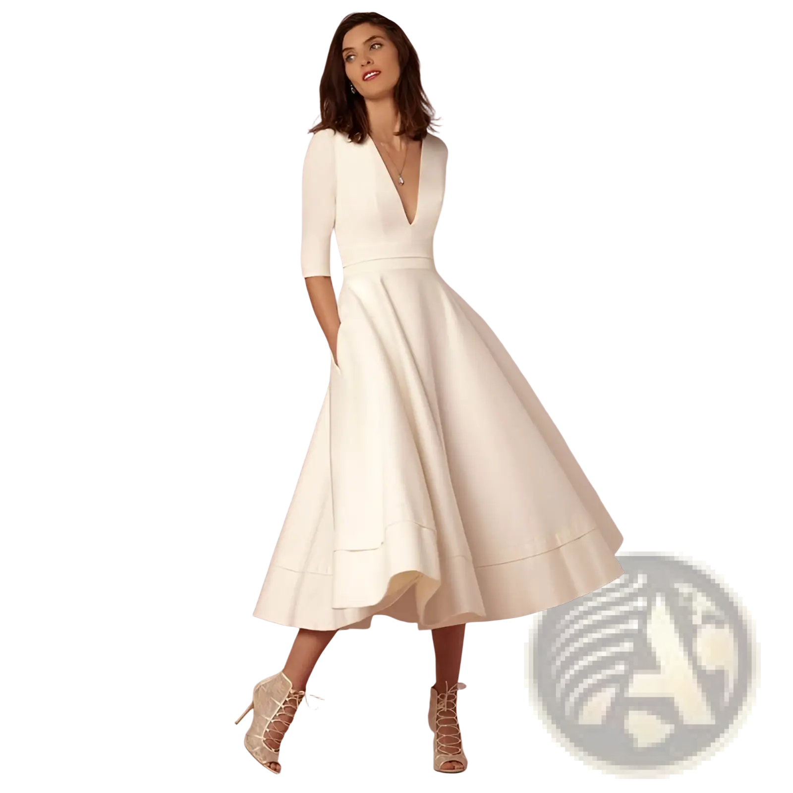 A woman wears a white retro v neck 60s swing midi dress with three quarter sleeves and pockets