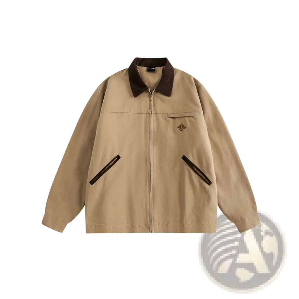 Beige retro washed Detroit jacket men with a contrasting dark brown collar zipper pulls and embroidered chest branding