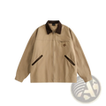Beige retro washed Detroit jacket men with a contrasting dark brown collar zipper pulls and embroidered chest branding