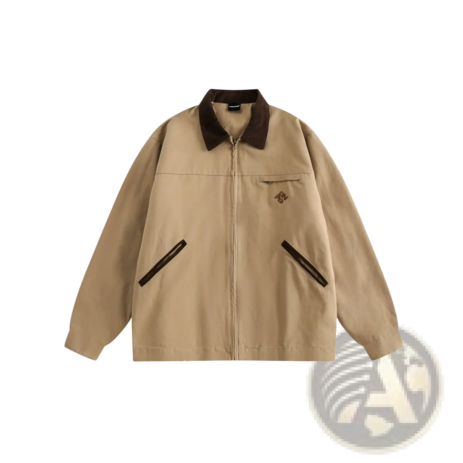 Beige retro washed Detroit jacket men with a contrasting dark brown collar zipper pulls and embroidered chest branding