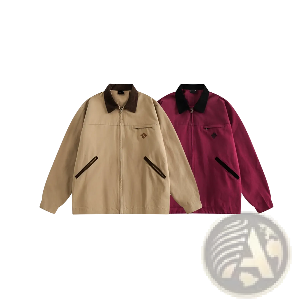 Beige and maroon retro washed Detroit utility jackets for men with contrasting collars and zippered pockets