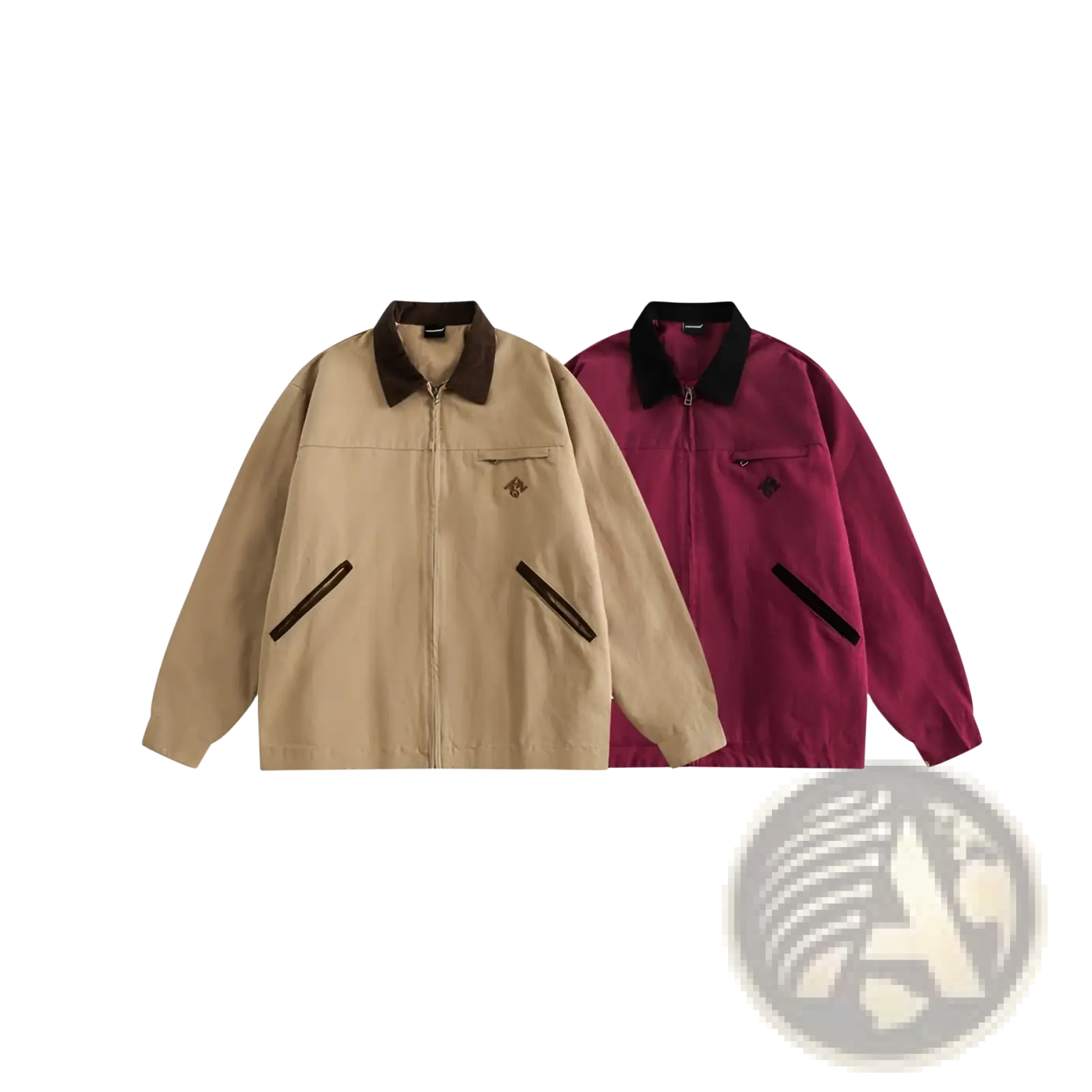 Beige and maroon retro washed Detroit utility jackets for men with contrasting collars and zippered pockets