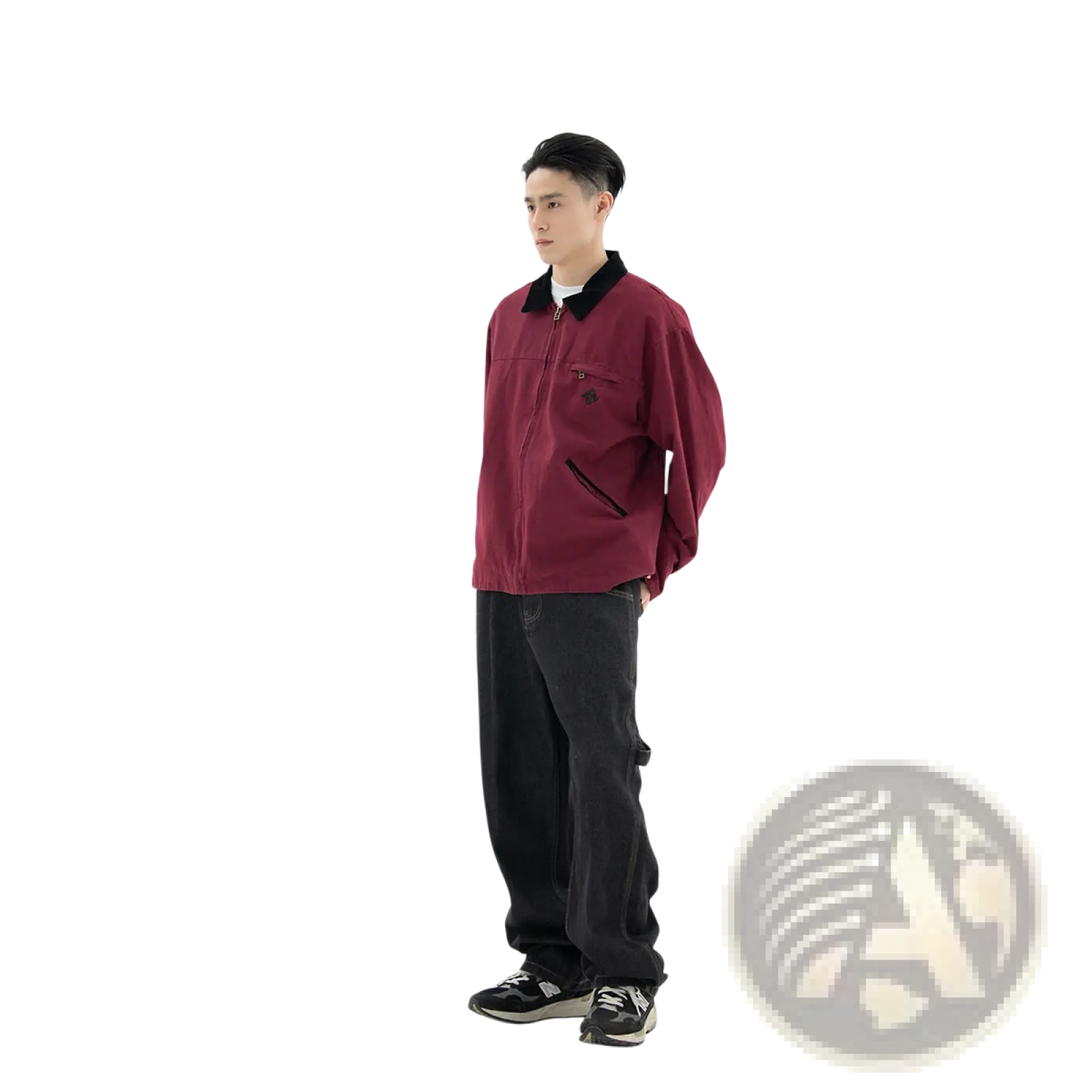 Retro washed Detroit jacket men in maroon with black collar and zipper accents designed for casual wear