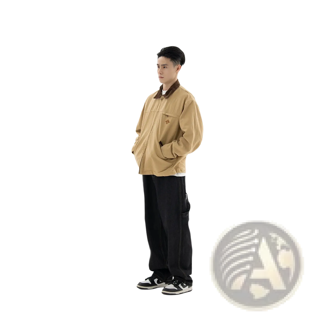 Tan corduroy retro washed Detroit jacket for men featuring a brown collar and front pockets