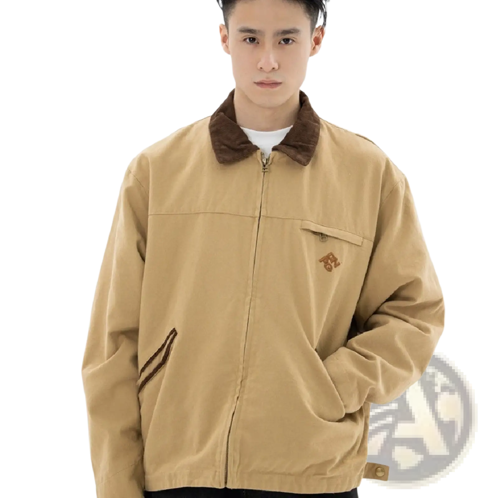 Retro washed Detroit men jacket in tan corduroy with brown collar and matching embroidered chest logo