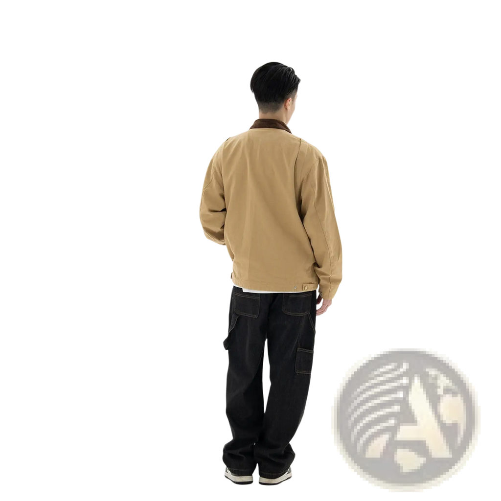 Retro washed Detroit jacket men tan cotton jacket with contrasting dark brown collar and subtle stitching details