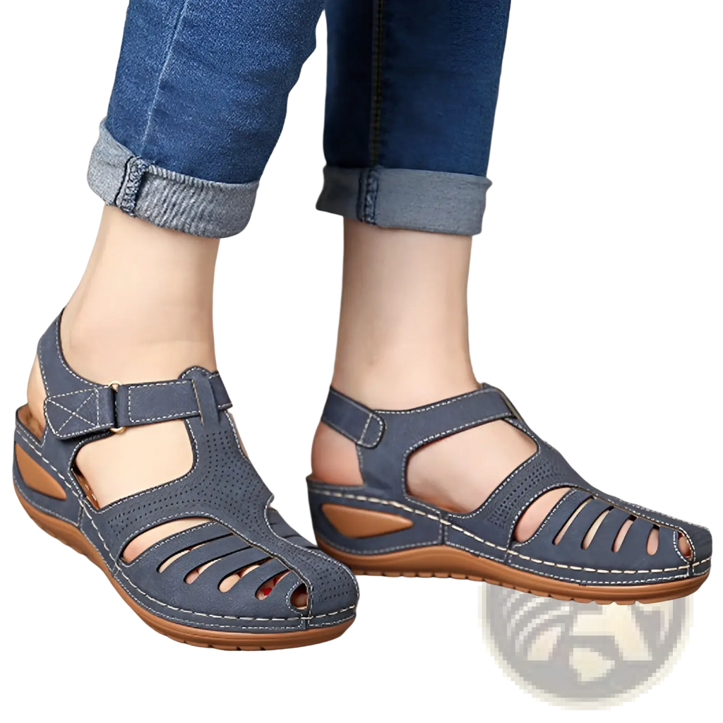 Retro wedge sandals womens plus size blue suede like t strap shoes with tan rubber soles and decorative stitching