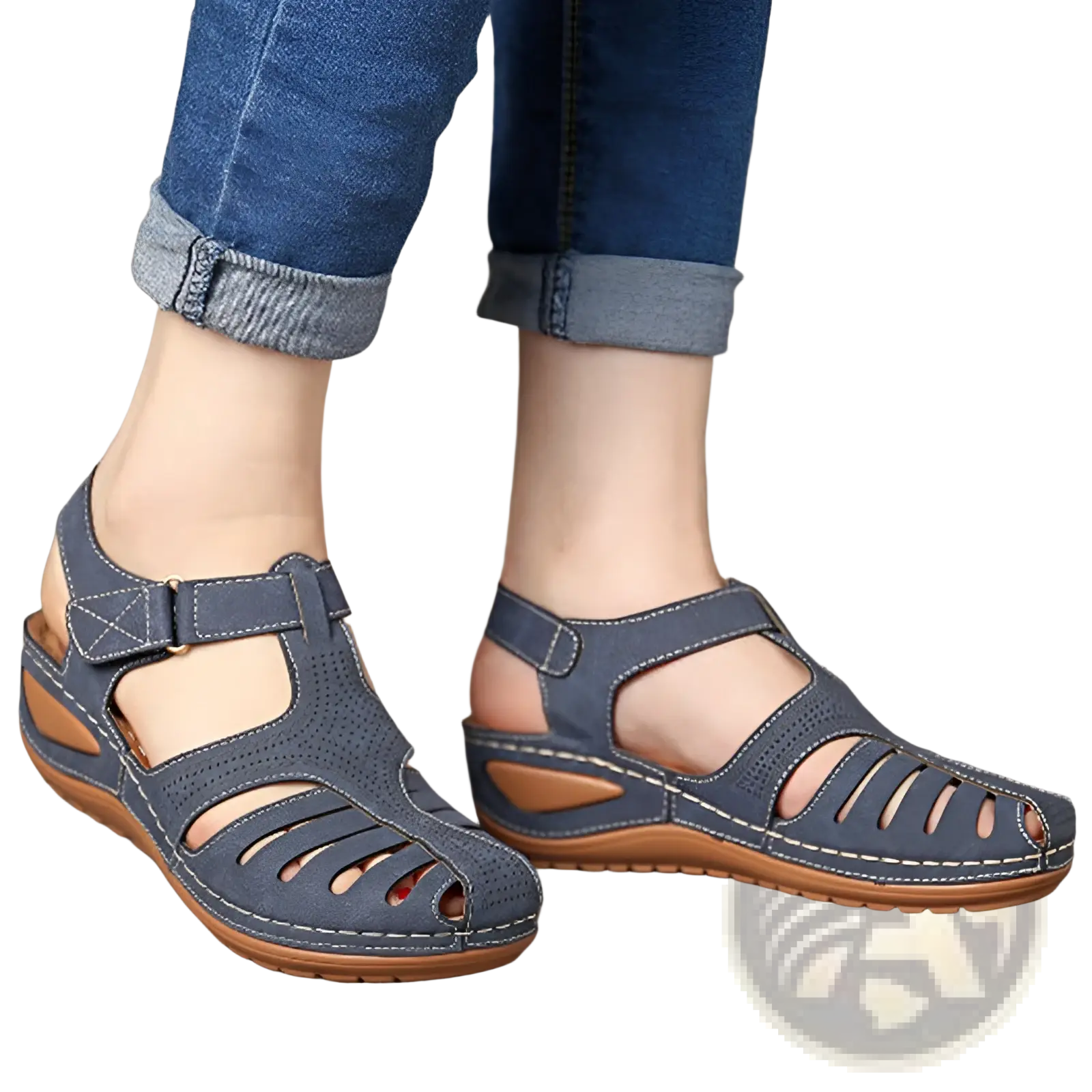 Retro wedge sandals womens plus size blue suede like t strap shoes with tan rubber soles and decorative stitching