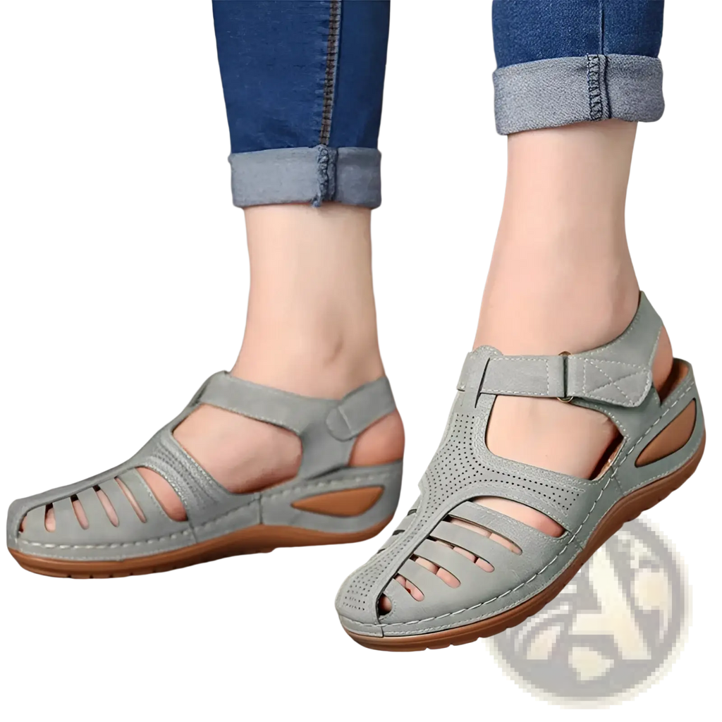 Gray leather retro wedge sandals for women plus size with supportive heel and breathable cutout t strap design