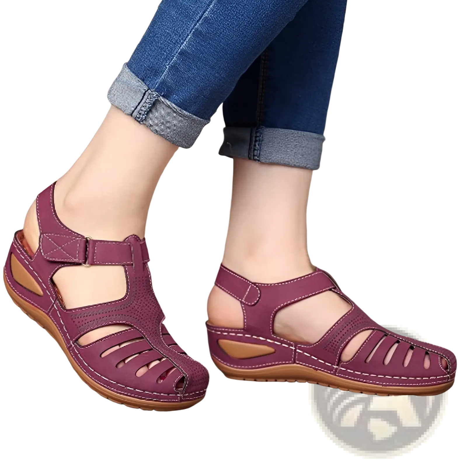 Retro wedge sandals women’s plus size purple leather with cut-out details and light brown sole and T-strap design