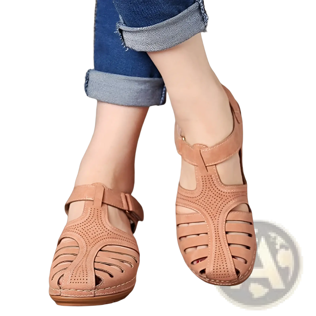 Retro wedge sandals women’s plus size tan leather t-strap shoes with perforated detailing and wedge heel design