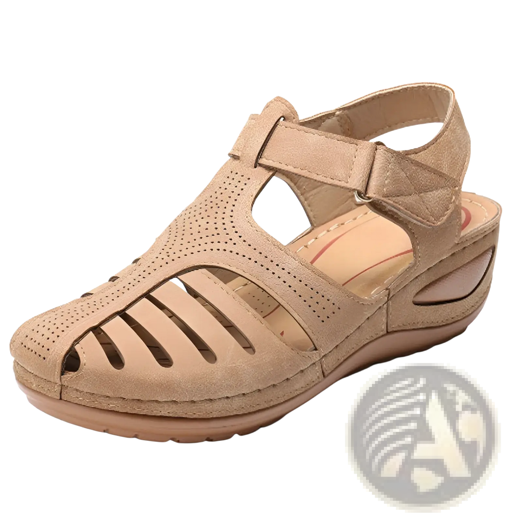 Beige suede retro wedge sandals women’s plus size with perforated and slotted t-strap design