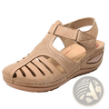 Beige suede retro wedge sandals women’s plus size with perforated and slotted t-strap design