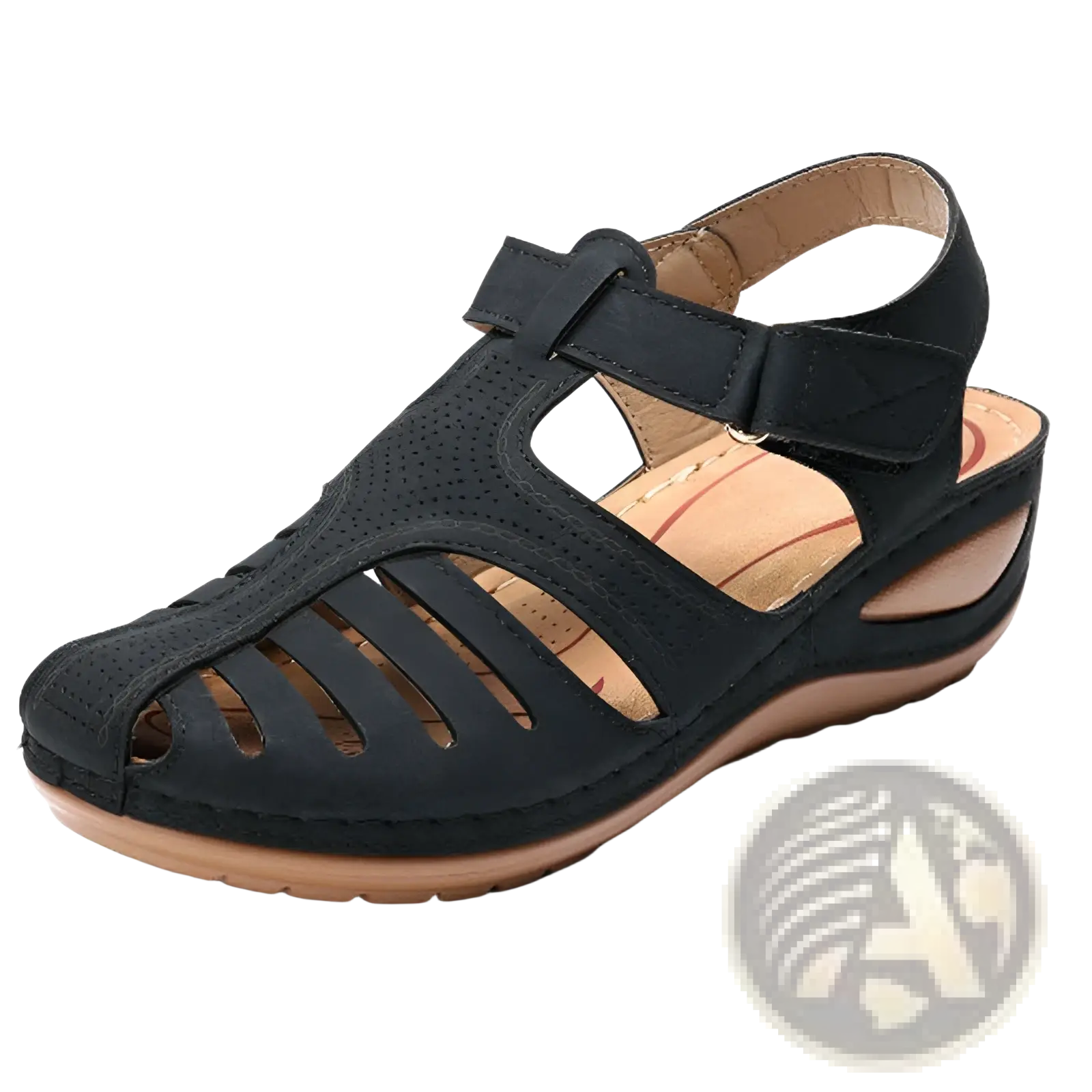 Black leather retro wedge sandal for women plus size with t-strap, perforated design, padded insole, and light brown sole