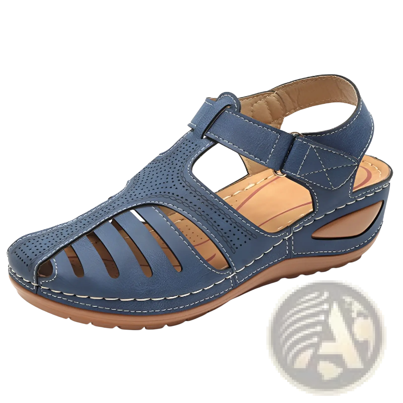 Retro wedge sandals womens plus size blue perforated leather t strap with tan insole and wedge sole