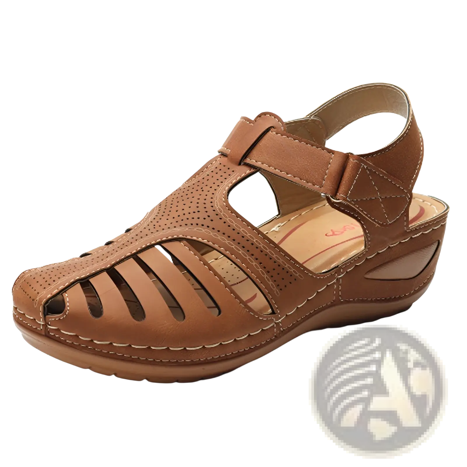 Brown leather retro wedge sandals women’s plus size with perforated slotted design and supportive wedge heel