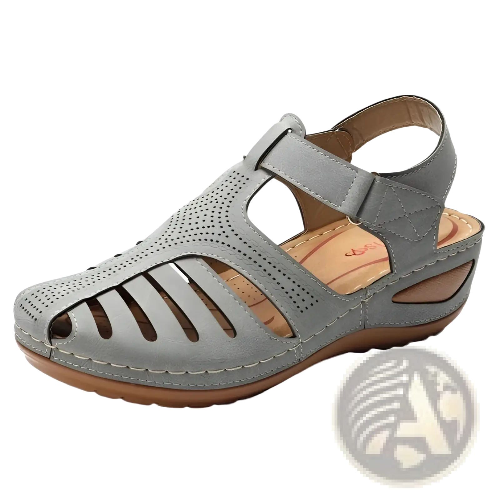 Gray suede retro wedge sandals women’s plus size with perforated and slotted design tan insole and brown sole