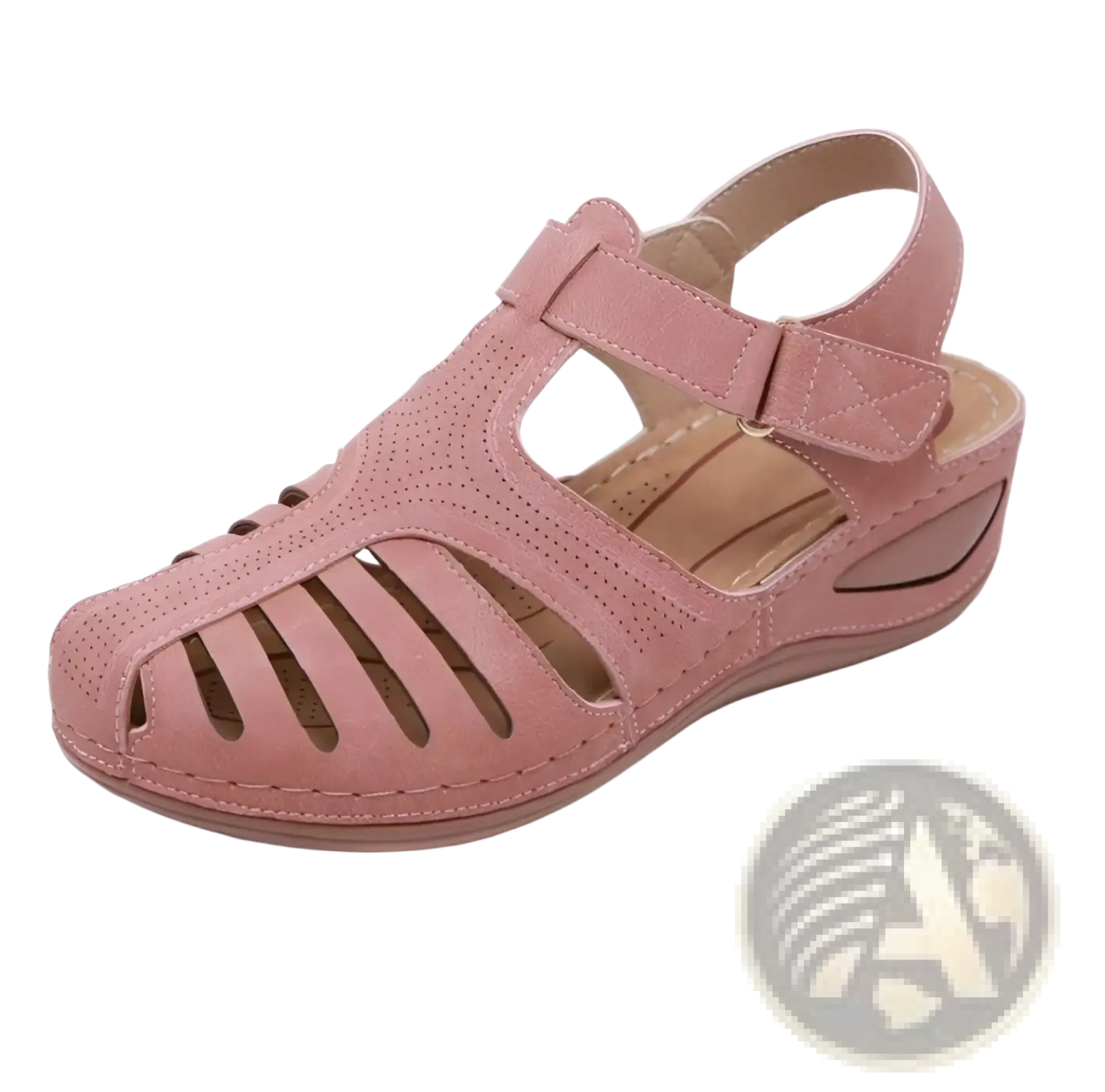 Pink suede retro wedge sandal with t-strap and perforated design for women’s plus size shoes