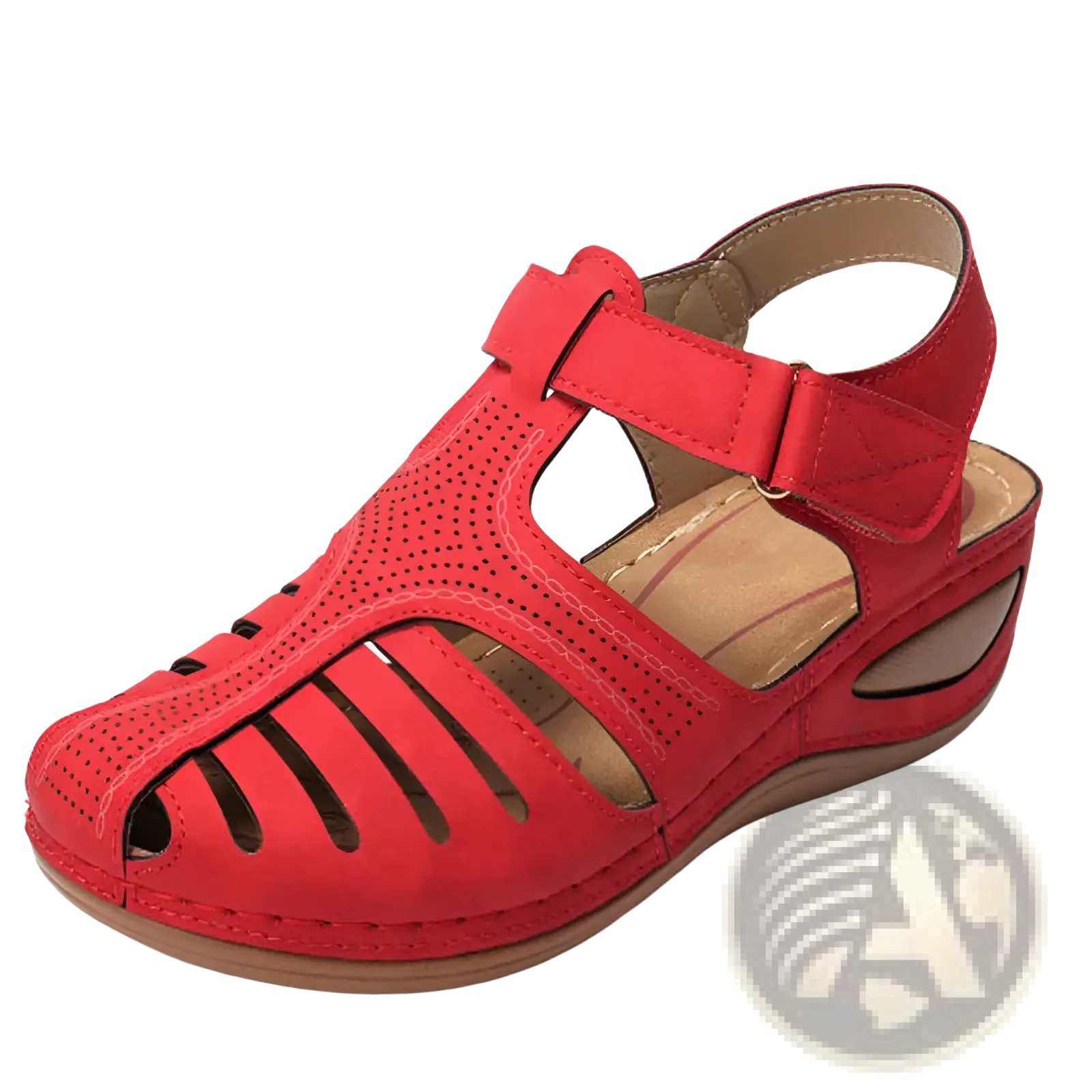 Red suede retro wedge sandal with perforated and slotted design for women plus size T-strap shoes