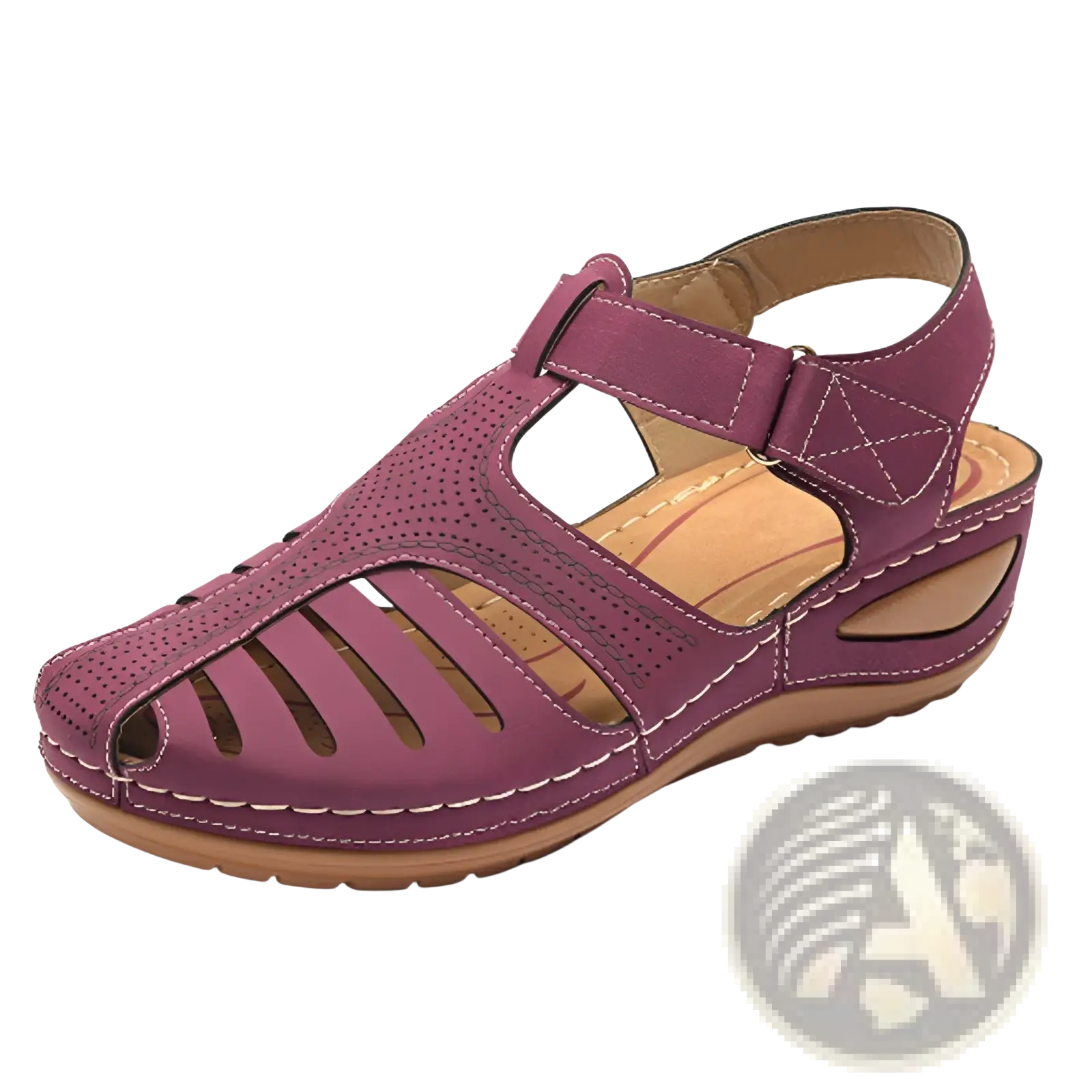 Purple perforated leather retro wedge sandal with t-strap and contrasting white stitching for women plus size