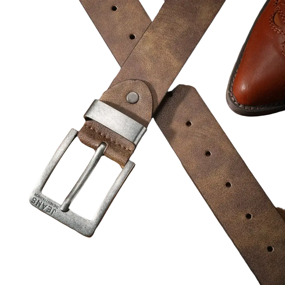 Brown leather belt with a metal buckle engraved with jeans brand name in retro western pu leather design unisex style