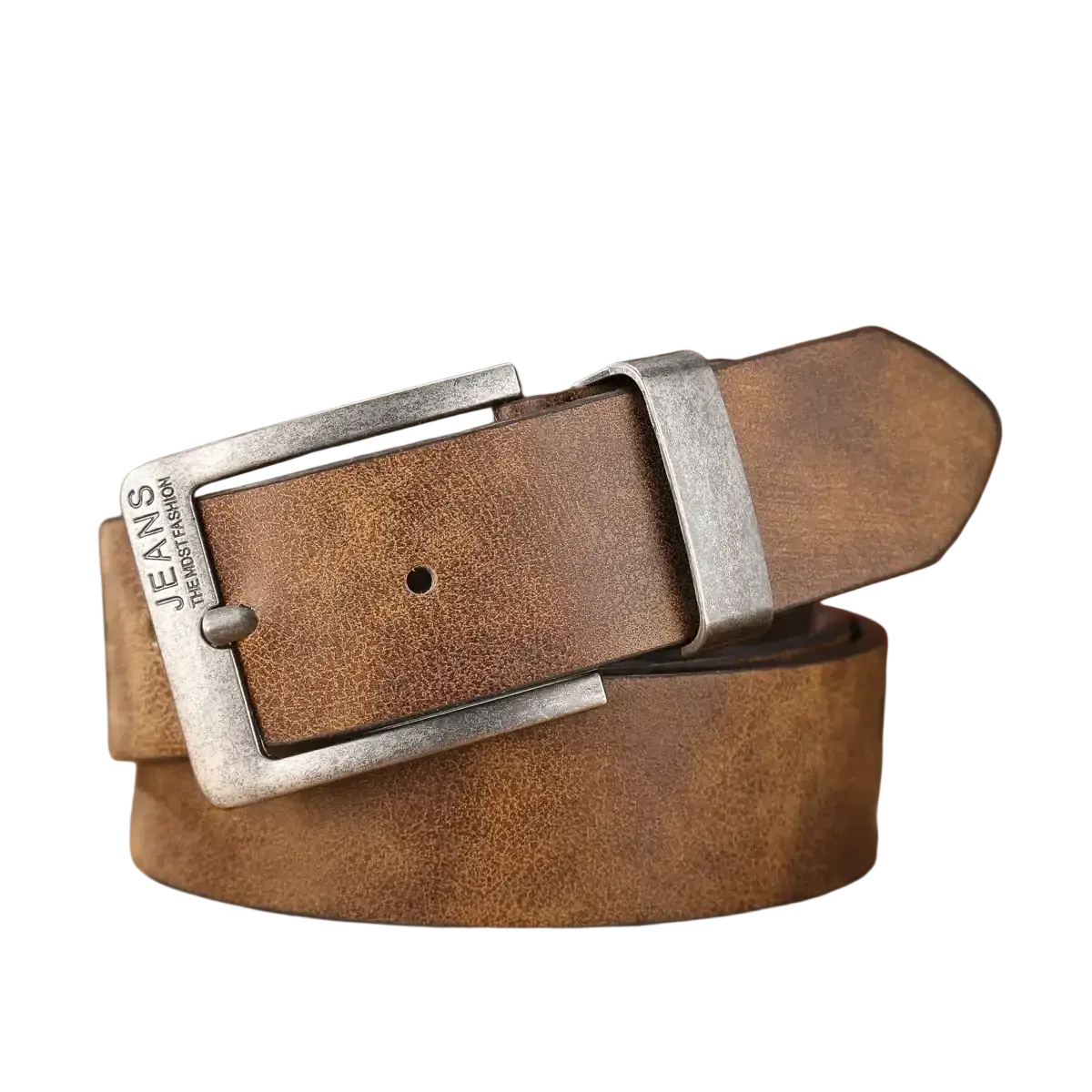 Brown leather belt with a silver metal buckle engraved with jeans the most fashion retro western unisex style