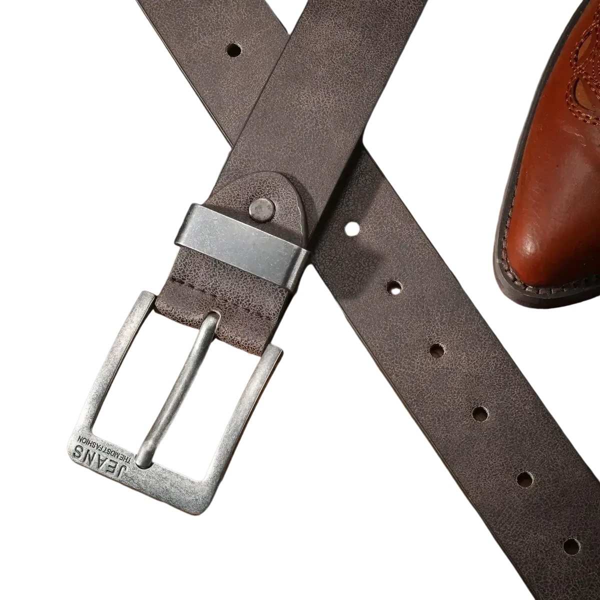 Retro western dark brown leather belt with metal buckle and engraved jeans detail in unisex pu leather design