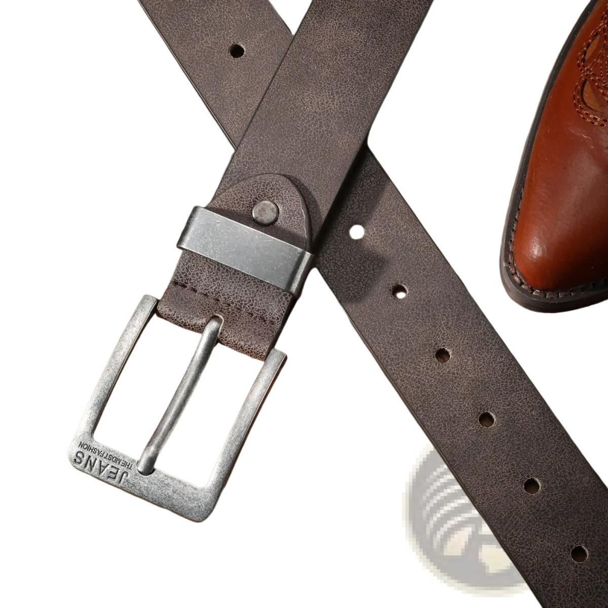Dark brown retro western PU leather belt with silver metal buckle engraved with jeans brand name unisex style
