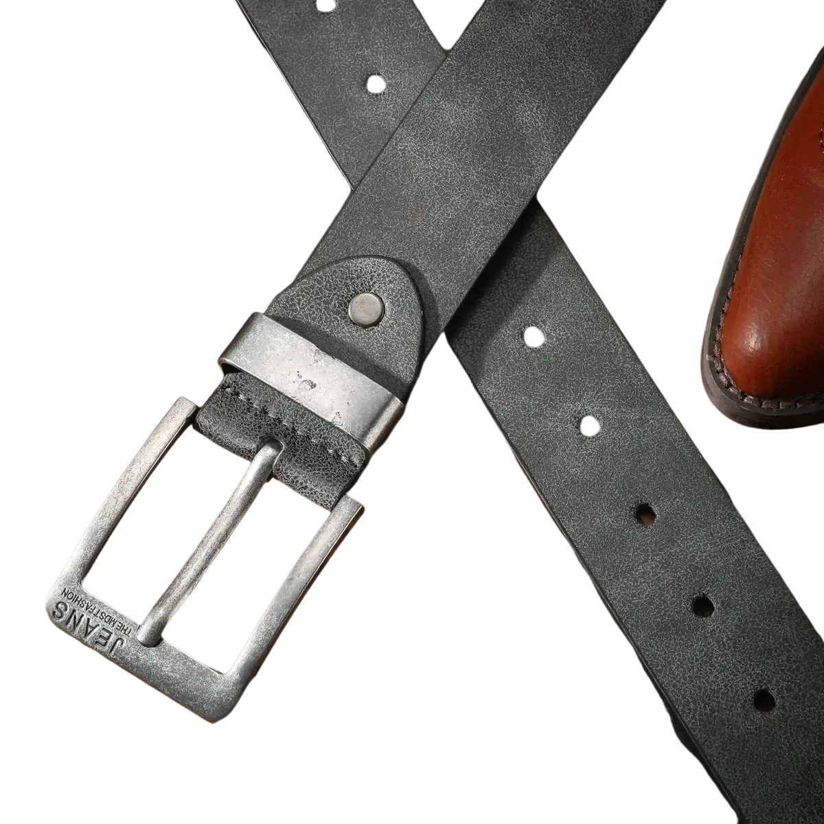 Dark gray leather belt with a retro western metal buckle engraved with jeans and the modern fashion text