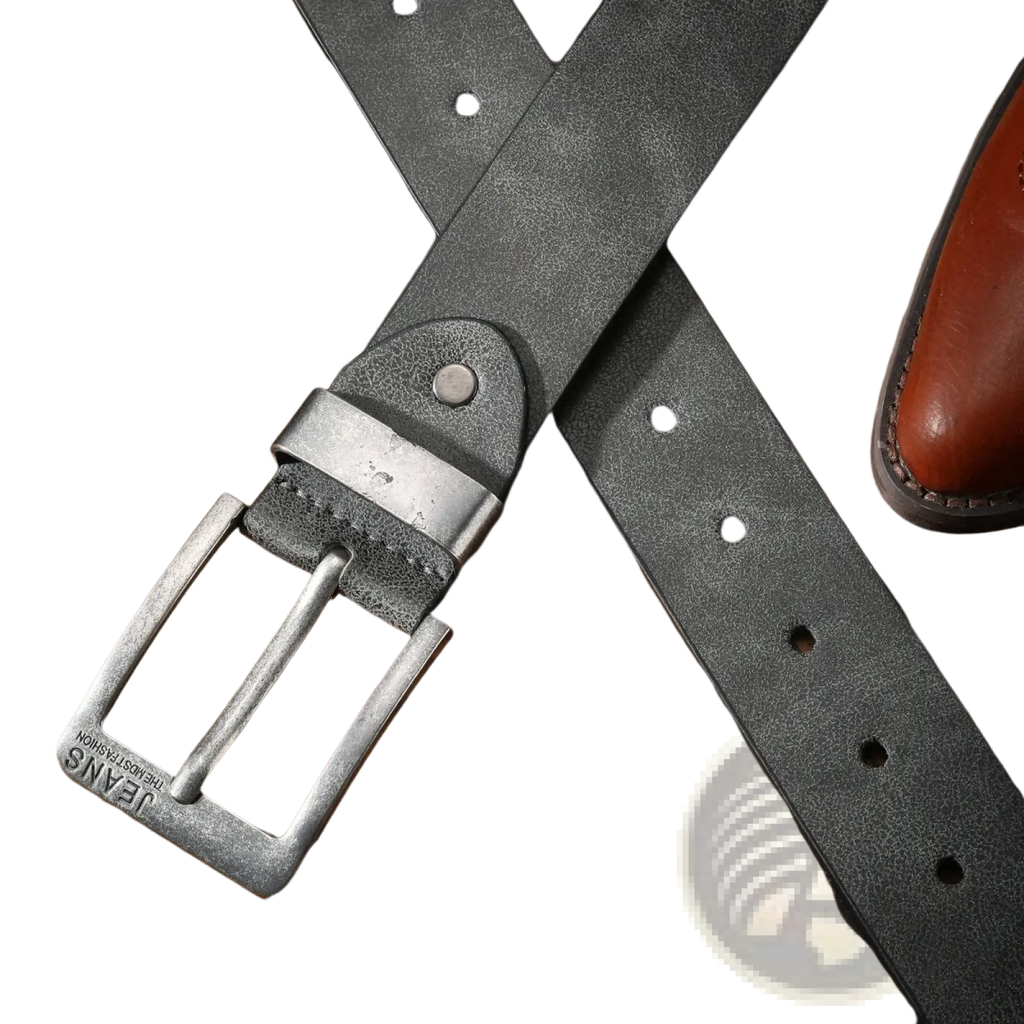 Retro western unisex dark gray pu leather belt with silver-toned metal buckle engraved with jeans brand name