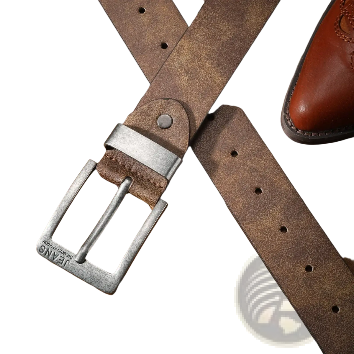 A rustic brown unisex retro western pu leather belt with a silver metal buckle engraved with jeans brand name