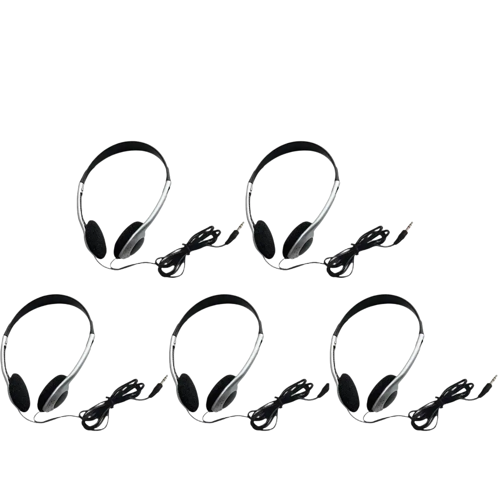 Set of five retro wired over-ear headphones in black and silver with coiled audio cables for vintage audio use
