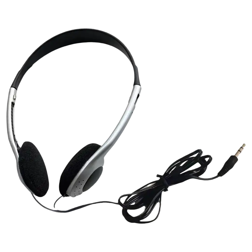 Retro wired over-ear headphones in silver and black with a coiled audio cable for classic wired listening