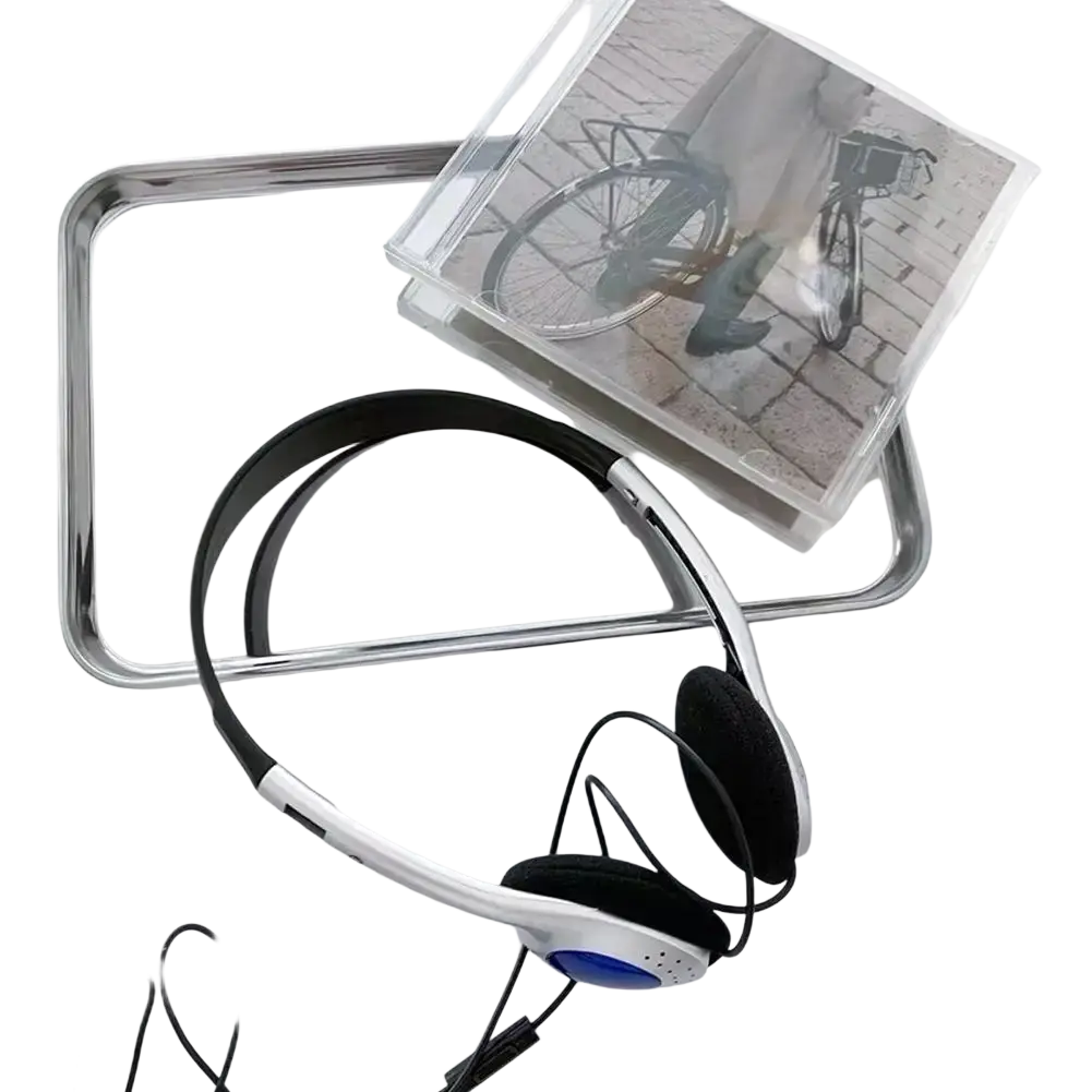Retro wired over-ear headphones in silver and black with blue accent on the earcup for enhanced audio experience