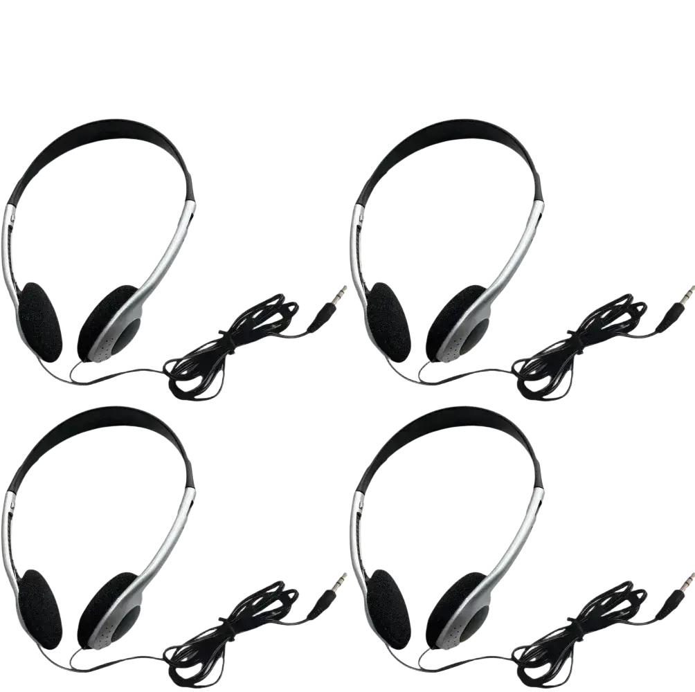 Silver wired over-ear headphones with black earcups and a coiled cable designed for retro audio use